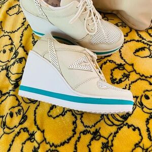 Volatile Cream and Teal Wedge Sneakers